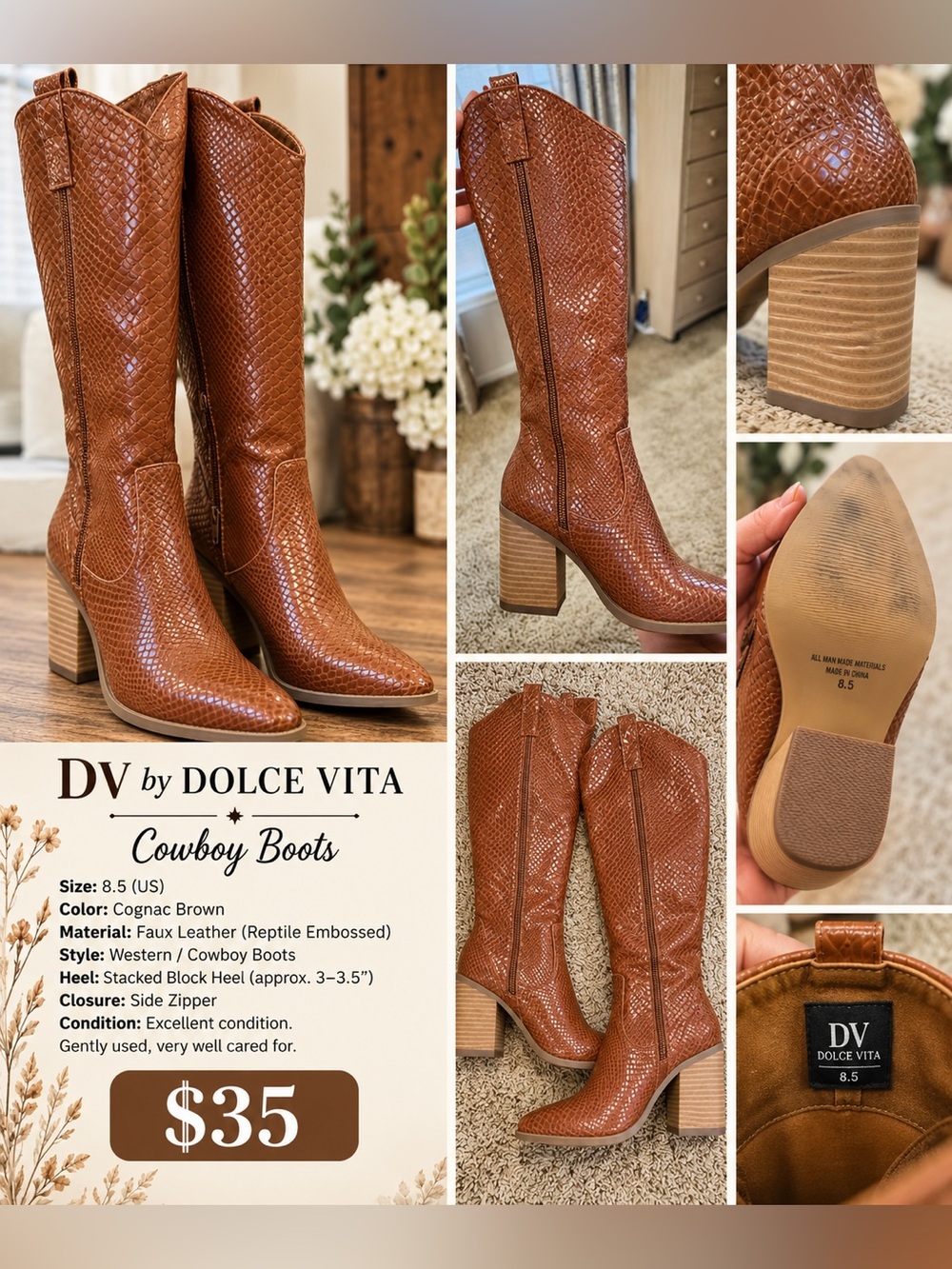 DV by Dolce Vita Reptile-Embossed Cognac Tall Block-Heel Boots 8.5